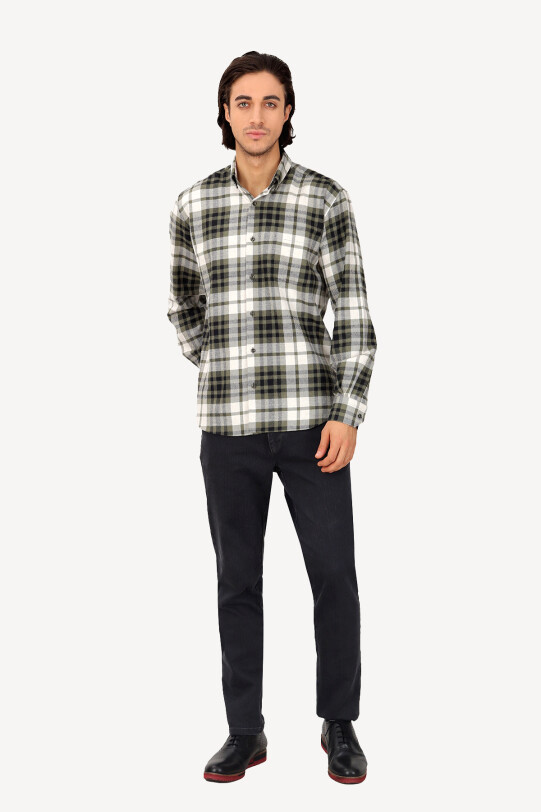 Erkek Lacivert Yeşil Regular Fit Yaka Düğmeli Oduncu Gömlek