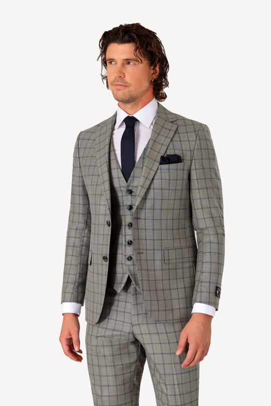 Erkek Lacivert Yeşil Slim Fit Yelekli Takım Elbise