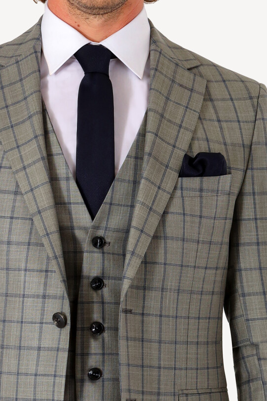 Erkek Lacivert Yeşil Slim Fit Yelekli Takım Elbise