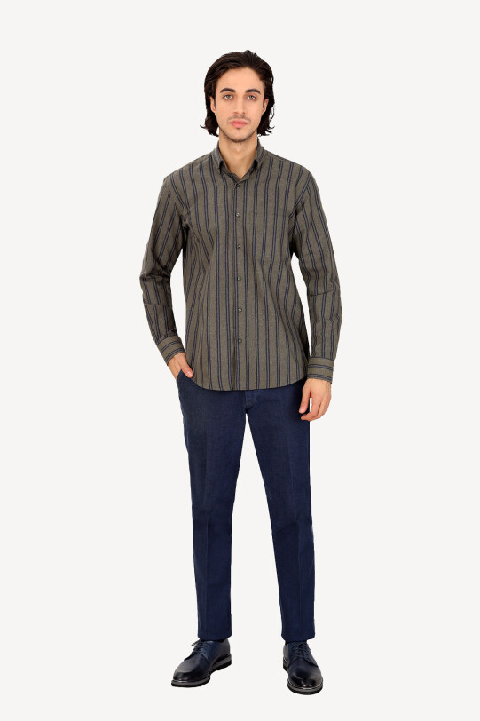 Erkek Lacivert Yeşil Uzun Kol Regular Fit Çizgili Yaka Düğmeli Gömlek