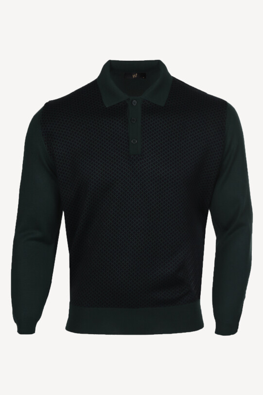 Erkek Lacivert Yeşil Yünlü Polo Yaka Desenli Triko