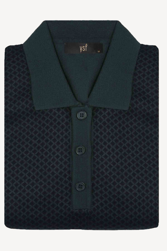 Erkek Lacivert Yeşil Yünlü Polo Yaka Desenli Triko