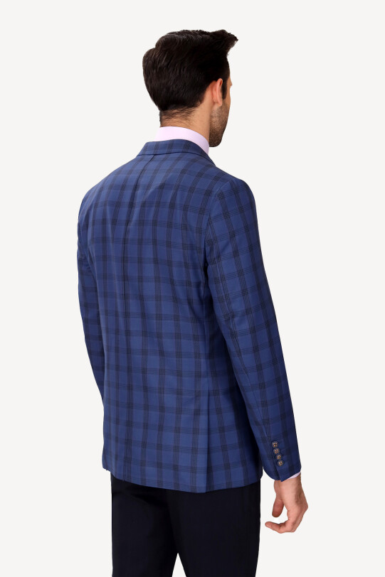 Erkek Lacivert Yünlü Kareli Klasik Ceket