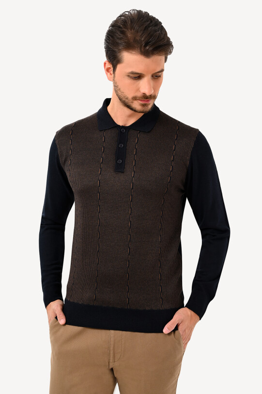 Erkek Lacivert Yünlü Polo Yaka Klasik Desenli