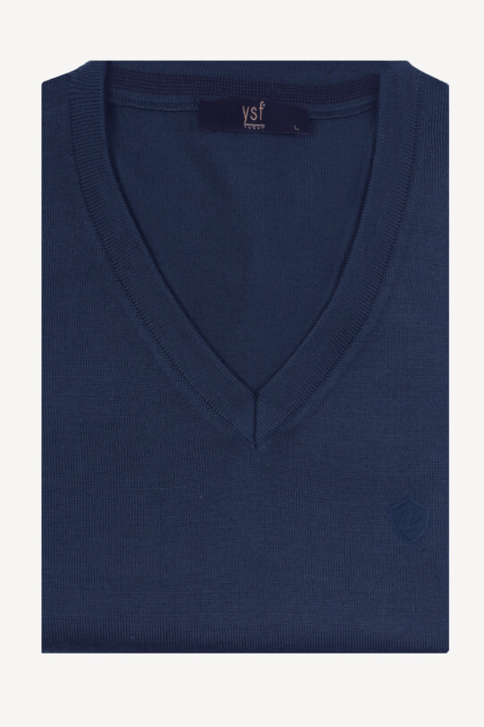 Erkek Lacivert Yünlü V Yaka Klasik Triko Süveter