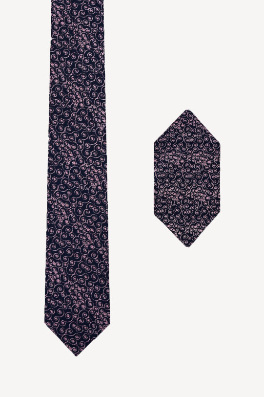 Erkek Lila Desenli Slim Kravat Mendil Set - YSF