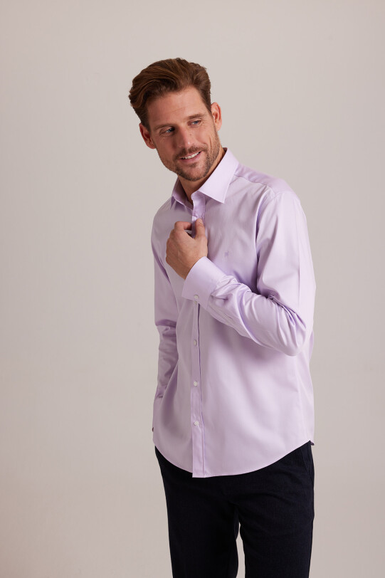 Erkek Lila Düz Slim Fit Uzun Kol Saten Gömlek