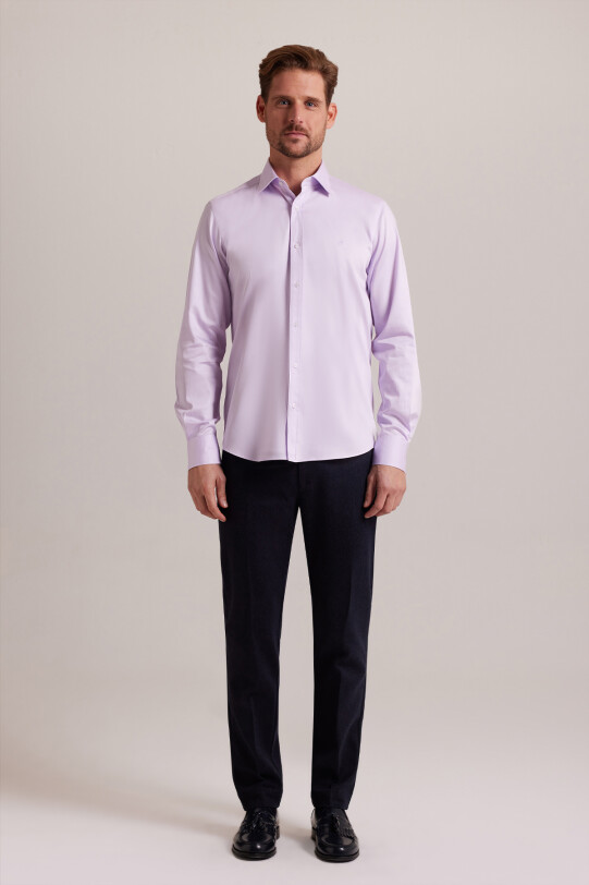 Erkek Lila Düz Slim Fit Uzun Kol Saten Gömlek