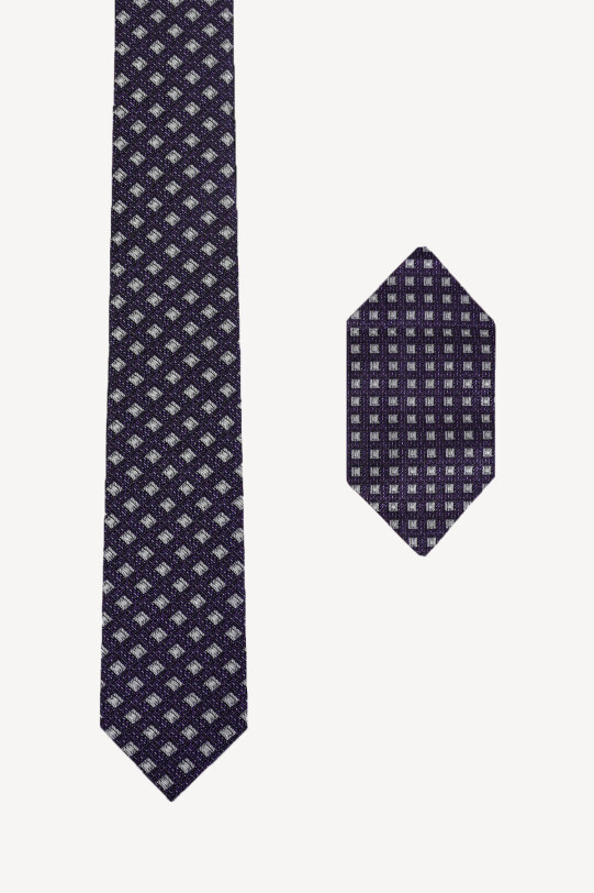 Erkek Lila Kare Desenli Kravat Mendil Set - YSF