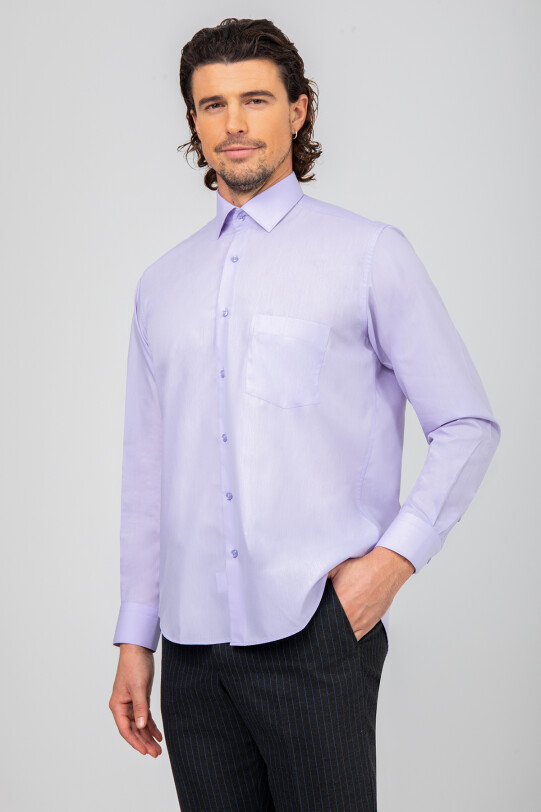 Erkek Lila Uzun Kol Klasik Pamuklu Gömlek