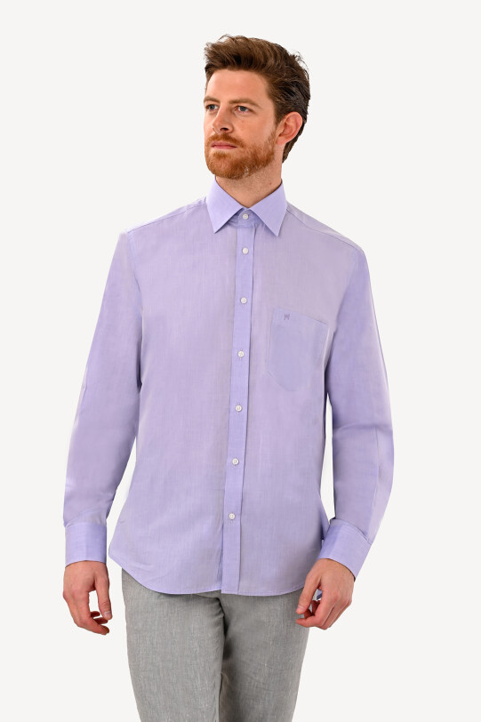 Erkek Lila Uzun Kol Klasik Yaka Gömlek