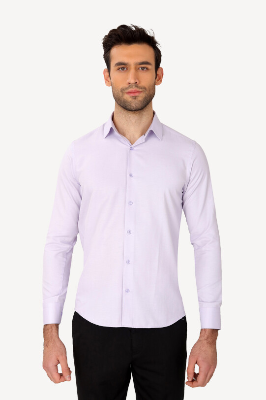 Erkek Lila Uzun Kol Puantiyeli Slim Fit Gömlek
