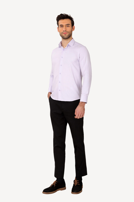 Erkek Lila Uzun Kol Puantiyeli Slim Fit Gömlek