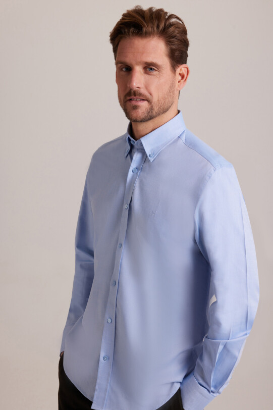 Erkek Mavi Slim Fit Uzun Kol Desenli Gömlek