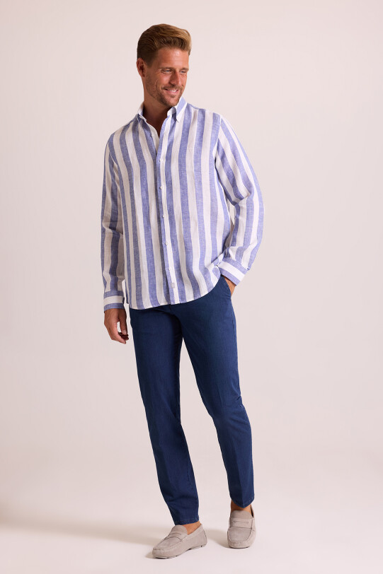 Erkek Mavi Beyaz Çizgili Regular Fit Keten Gömlek