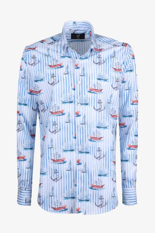 Erkek Mavi Beyaz Desenli Uzun Kol Gömlek