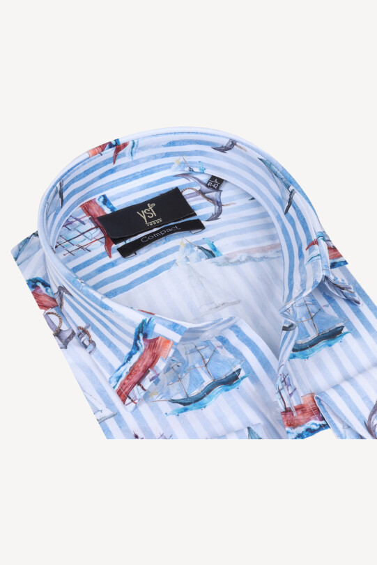 Erkek Mavi Beyaz Desenli Uzun Kol Gömlek