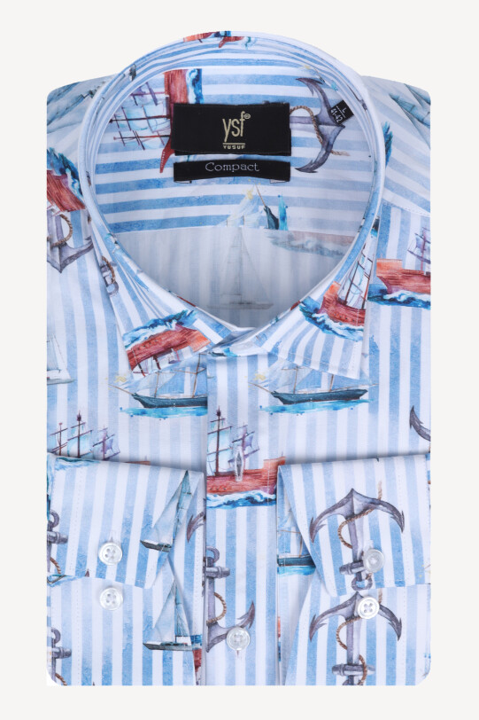 Erkek Mavi Beyaz Desenli Uzun Kol Gömlek