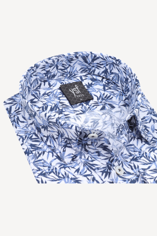 Erkek Mavi Beyaz Desenli Uzun Kollu Slim Fit Gömlek