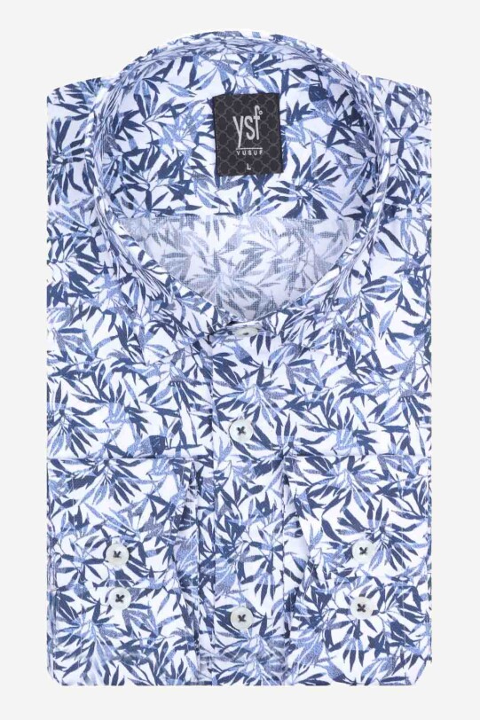 Erkek Mavi Beyaz Desenli Uzun Kollu Slim Fit Gömlek