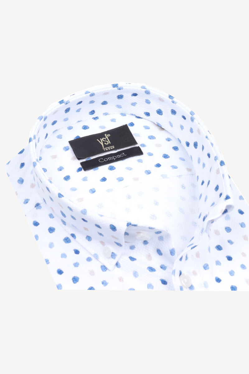 Erkek Mavi Beyaz Kısa Kol Cotton Slim Fit Desenli Gömlek - 2