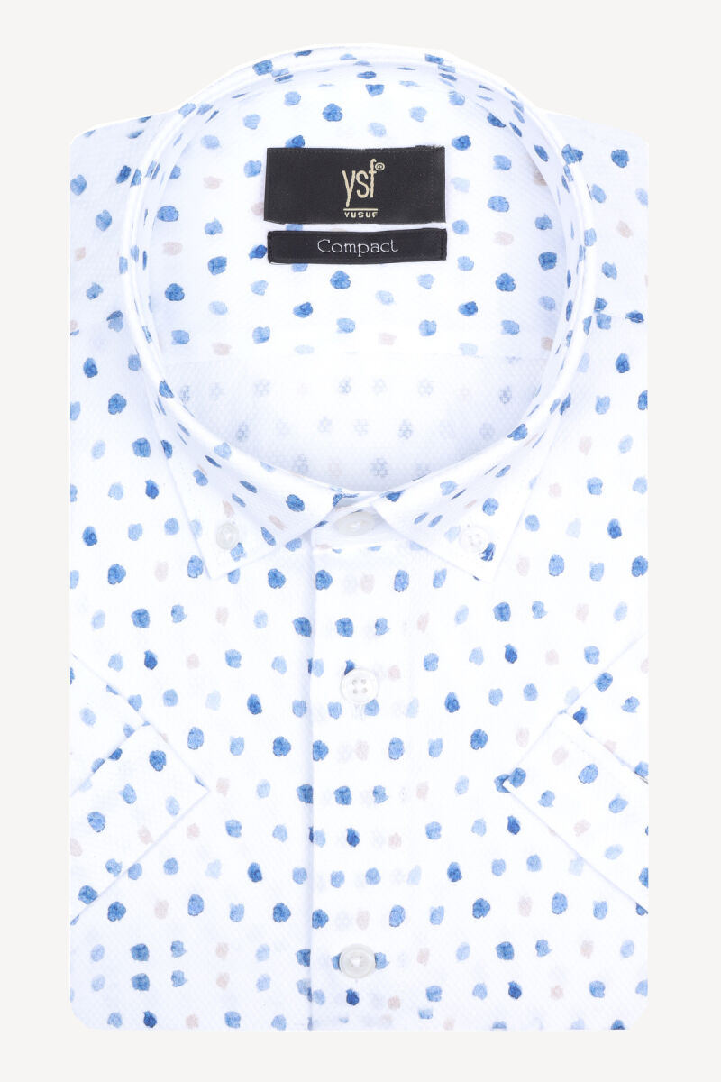 Erkek Mavi Beyaz Kısa Kol Cotton Slim Fit Desenli Gömlek - 3