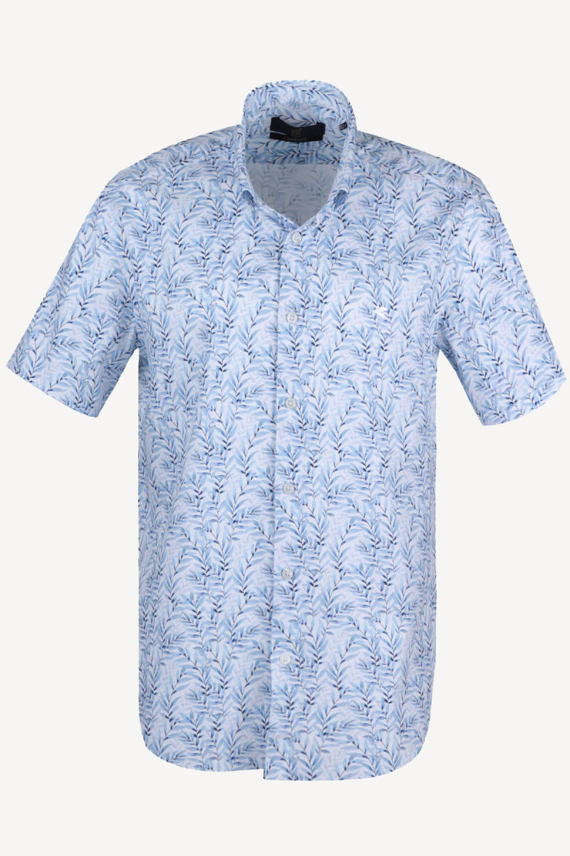 Erkek Mavi Beyaz Kısa Kol Slim Fit Desenli Gömlek - 1