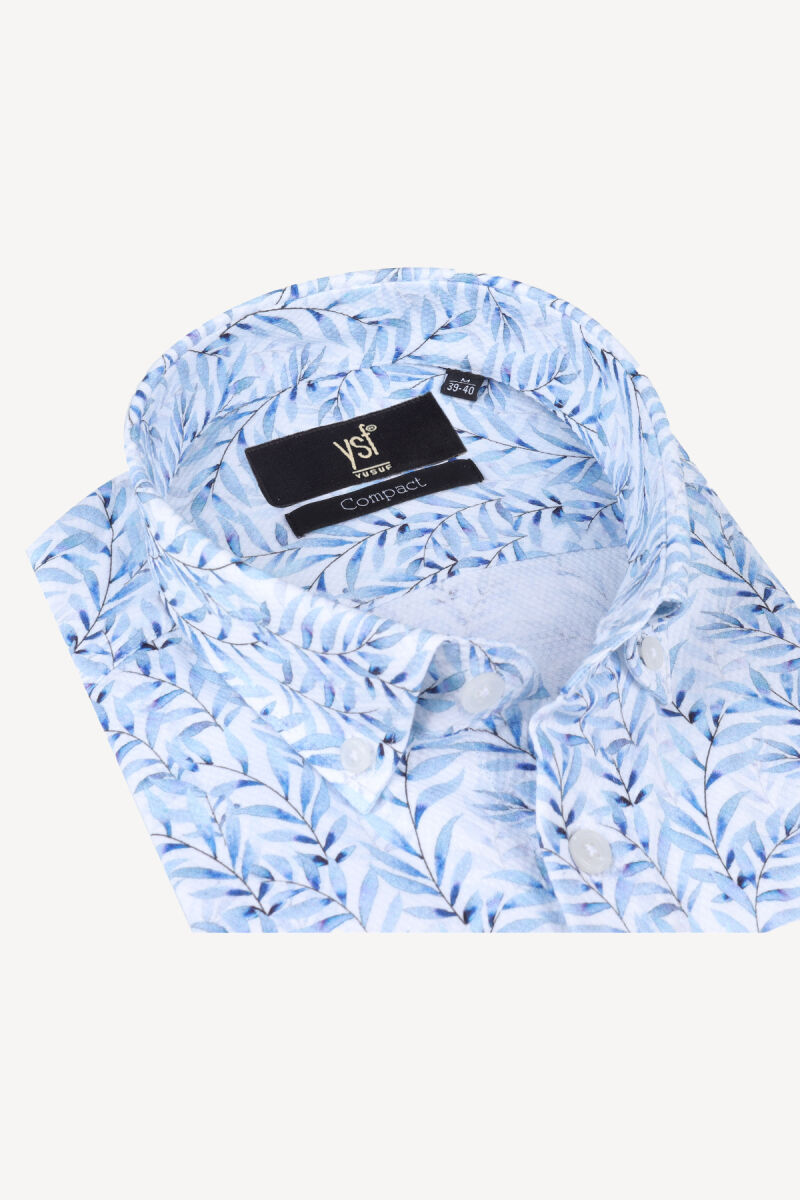 Erkek Mavi Beyaz Kısa Kol Slim Fit Desenli Gömlek - 2
