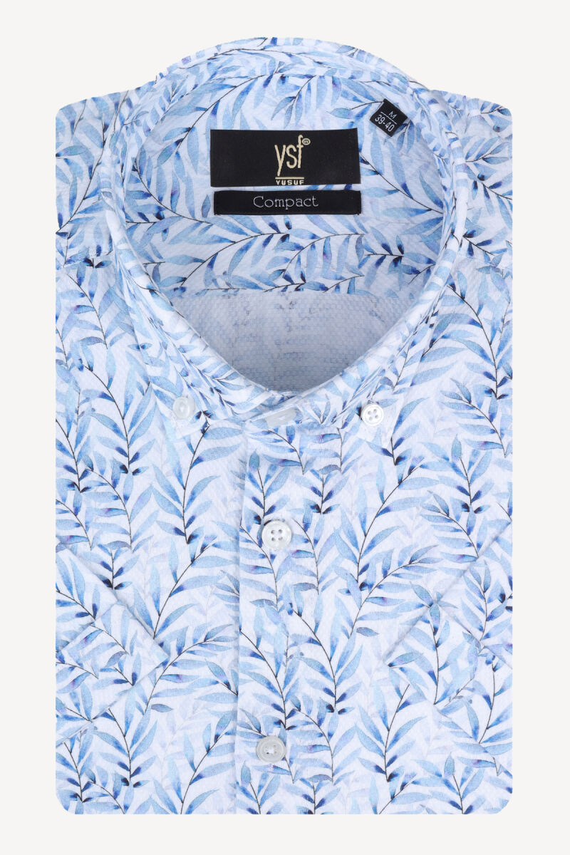 Erkek Mavi Beyaz Kısa Kol Slim Fit Desenli Gömlek - 3