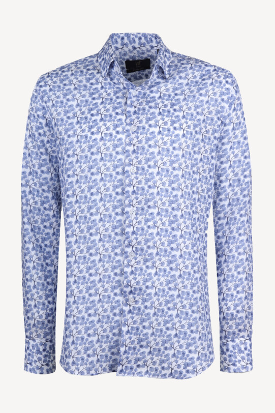Erkek Mavi Beyaz Slim Fit Keten Desenli Gömlek