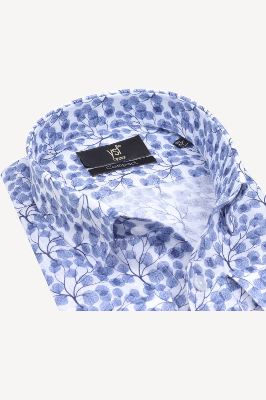 Erkek Mavi Beyaz Slim Fit Keten Desenli Gömlek