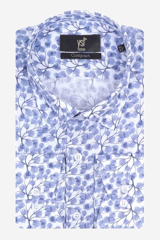 Erkek Mavi Beyaz Slim Fit Keten Desenli Gömlek