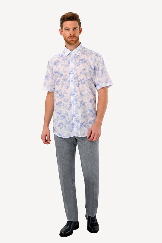 Erkek Mavi Beyaz Slim Fit Kısa Kol Cotton Gömlek