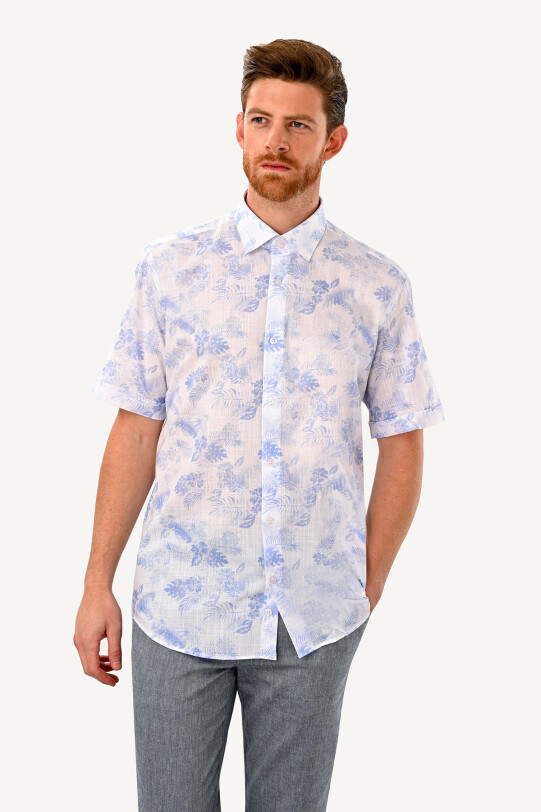 Erkek Mavi Beyaz Slim Fit Kısa Kol Cotton Gömlek