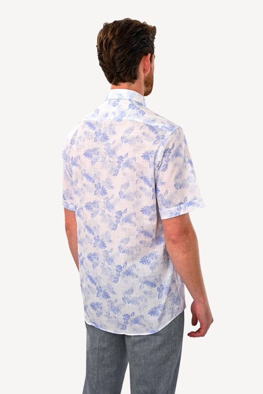 Erkek Mavi Beyaz Slim Fit Kısa Kol Cotton Gömlek