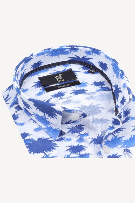 Erkek Mavi Beyaz Slim Fit Palmiye Desenli %100 Keten Gömlek