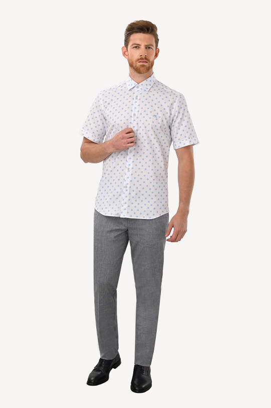 Erkek Mavi Beyaz Slim Fit Yaka Düğmeli Desenli Gömlek