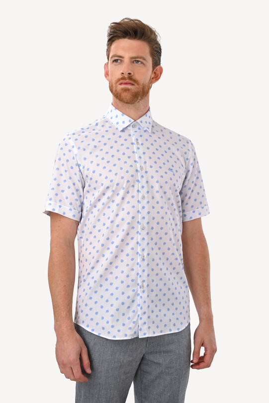 Erkek Mavi Beyaz Slim Fit Yaka Düğmeli Desenli Gömlek