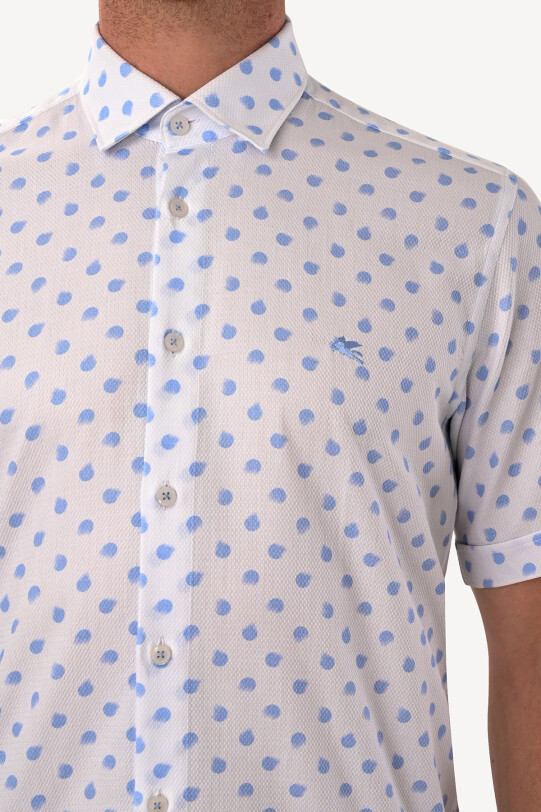 Erkek Mavi Beyaz Slim Fit Yaka Düğmeli Desenli Gömlek