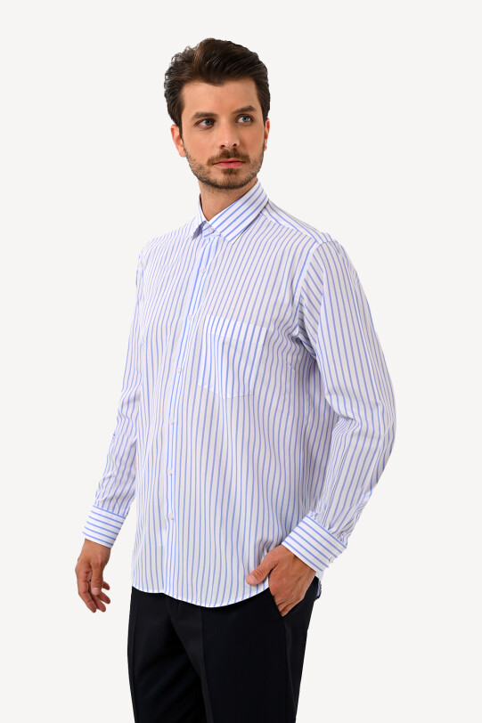 Erkek Mavi Beyaz Uzun Kol Klasik Gömlek