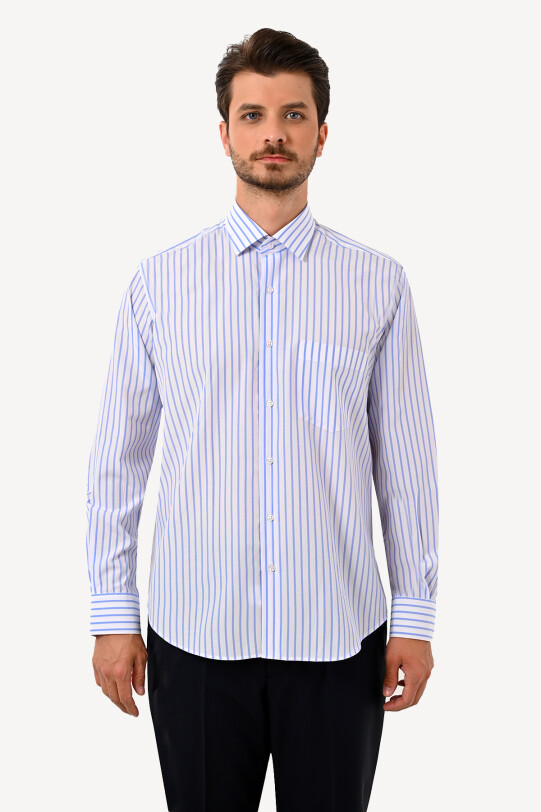 Erkek Mavi Beyaz Uzun Kol Klasik Gömlek