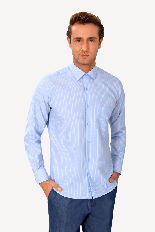 Erkek Mavi Çizgili Uzun Kol Klasik Gömlek