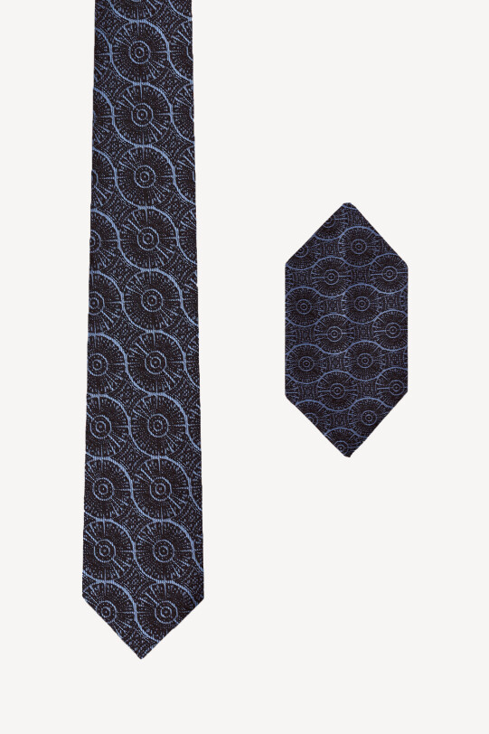 Erkek Mavi Desenli Kravat Mendil Set - YSF