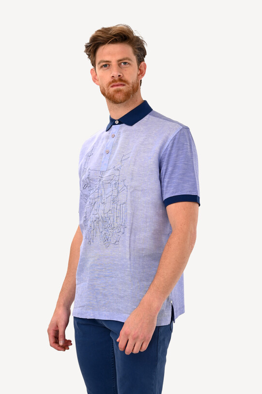 Erkek Mavi Desenli Polo Yaka Tshirt