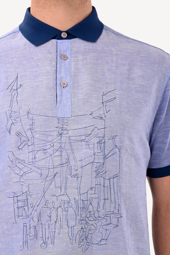 Erkek Mavi Desenli Polo Yaka Tshirt