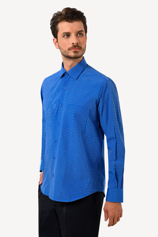 Erkek Mavi Gri Kareli Uzun Kol Klasik Gömlek