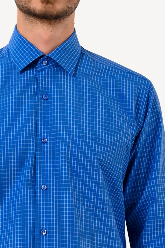 Erkek Mavi Gri Kareli Uzun Kol Klasik Gömlek