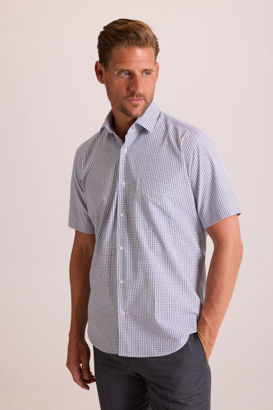 Erkek Mavi Gri Kısa Kol Regular Fit Gömlek
