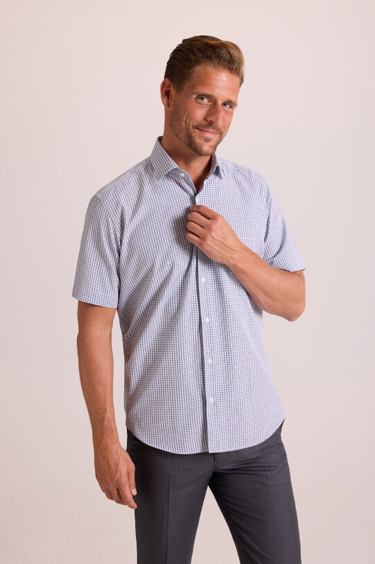 Erkek Mavi Gri Kısa Kol Regular Fit Gömlek