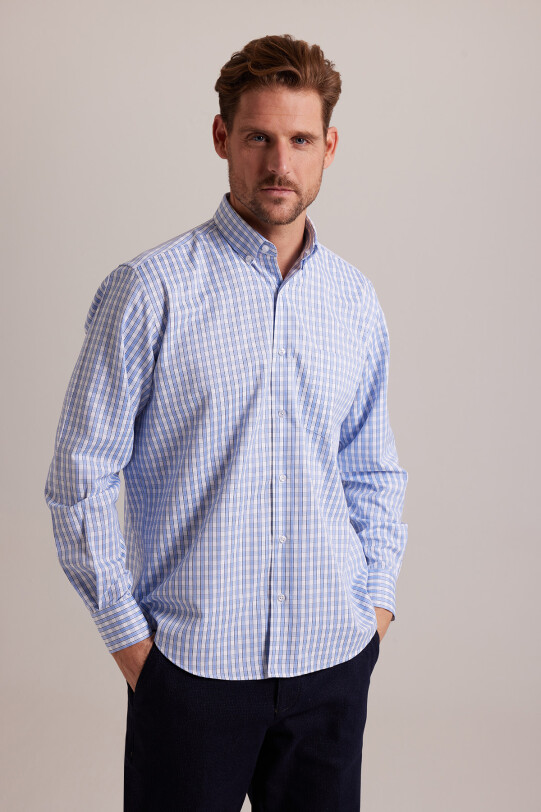 Erkek Mavi Kareli Regular Fit Yaka Düğmeli Gömlek